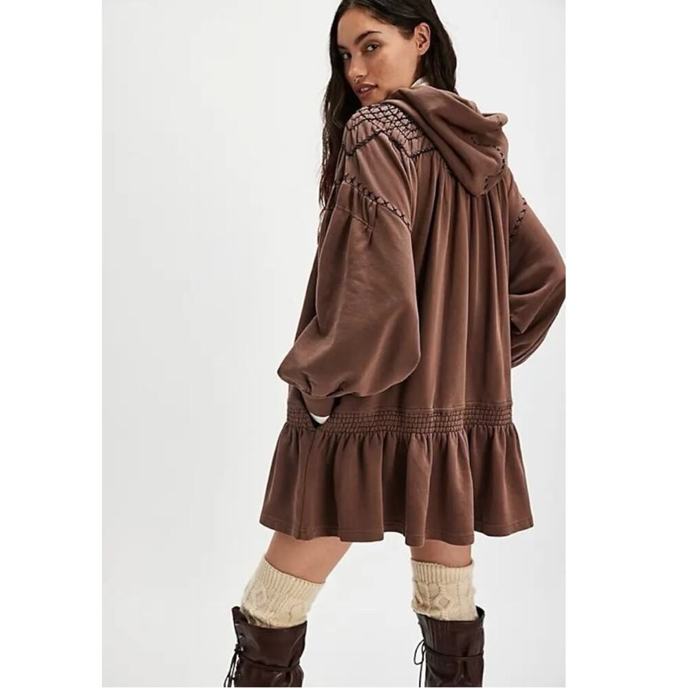 Free People Bohemian Marty Smocked Mini Dress Brown Bear Sweatshirt Tunic Medium - Picture 5 of 15